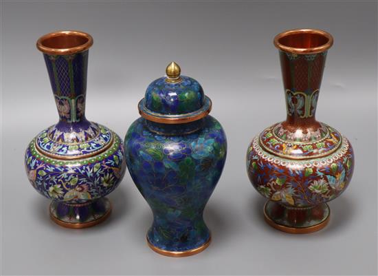 Three cloisonne vases tallest 20cm